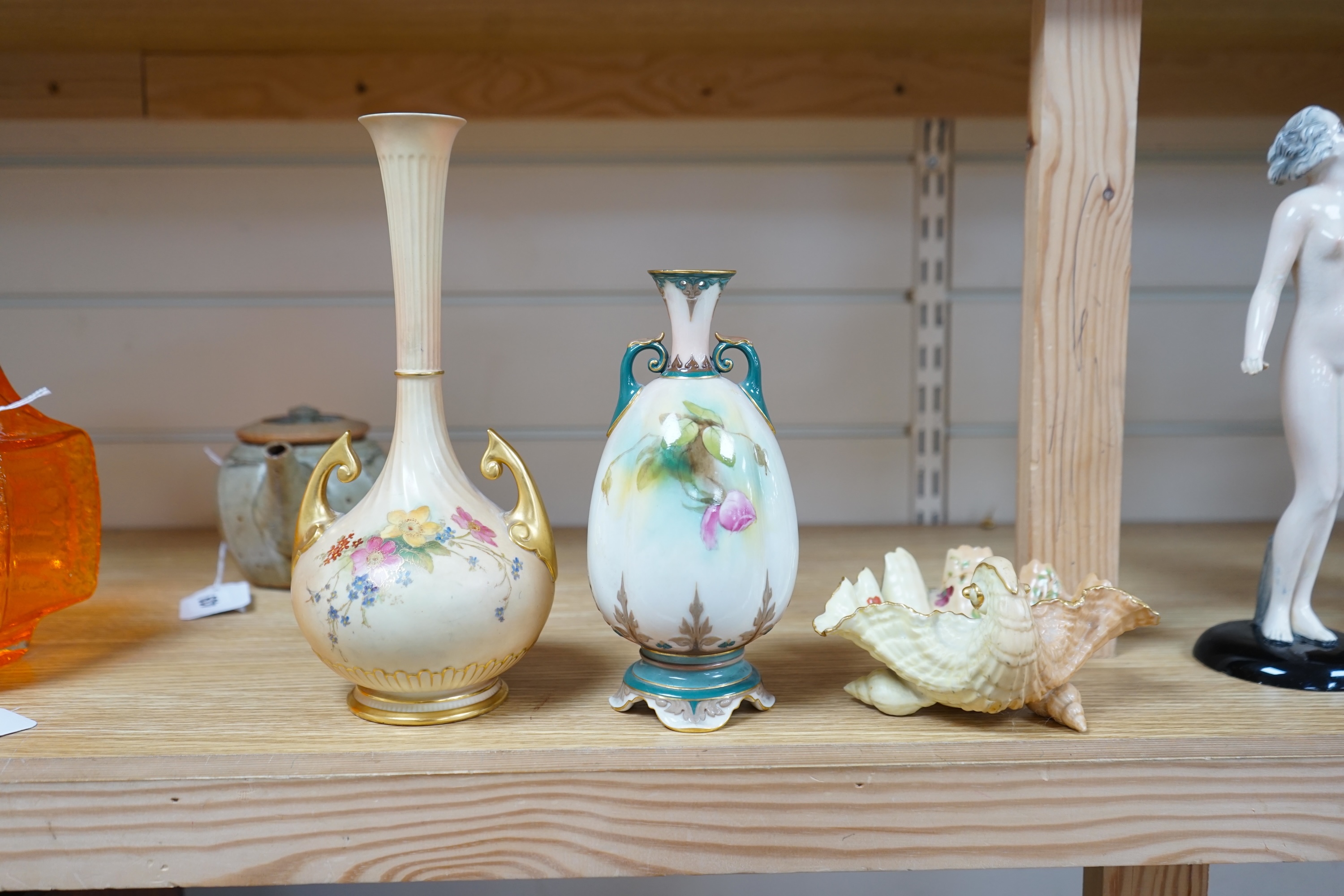 Two Worcester vases comprising blush ivory and one handpainted with roses by A. Watkins, together with a shell dish, largest 25cm high. Condition - largest vase restored